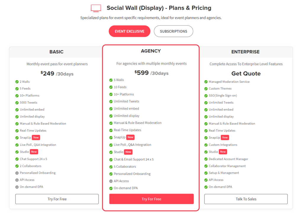 Taggbox Social Wall Pricing